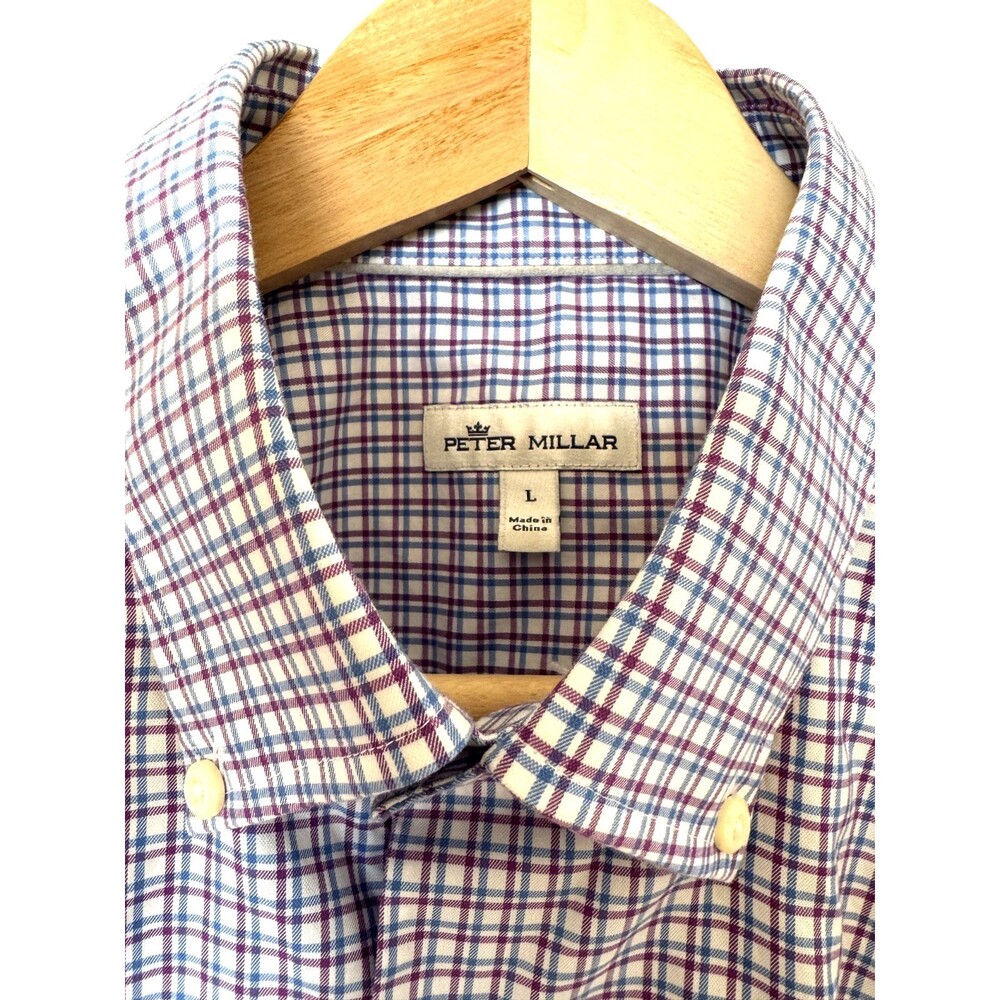 Peter Millar Long Sleeve White Blue Purple Check Button Down Large